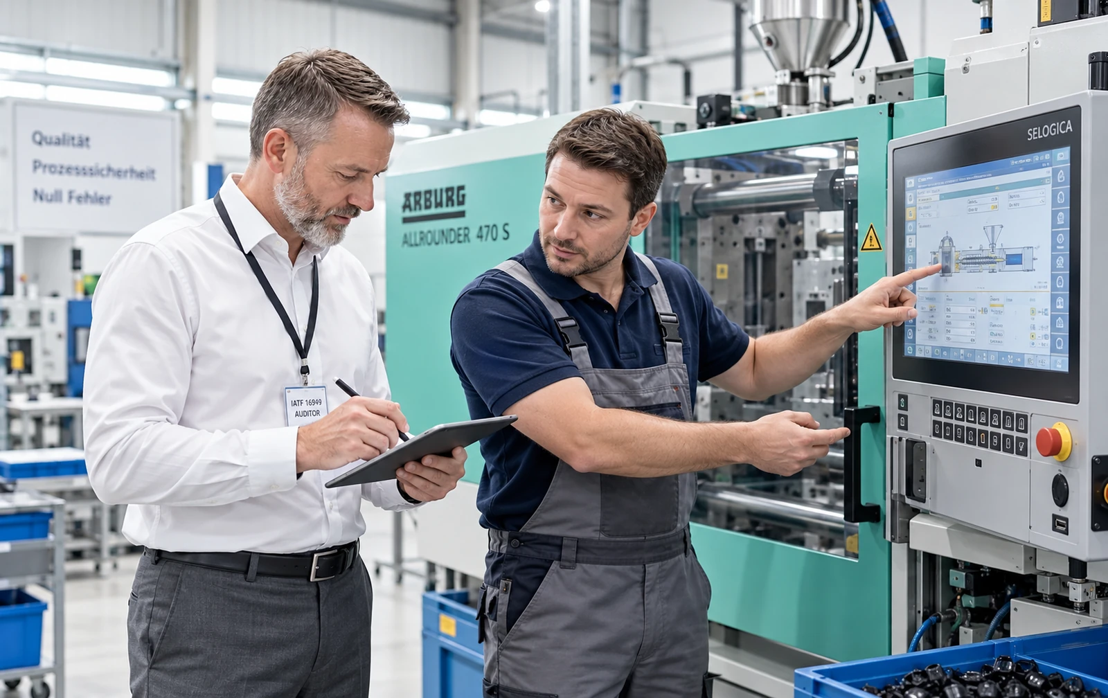 Zwei Fachverantwortliche bei einem Audit an einer Produktionsanlage