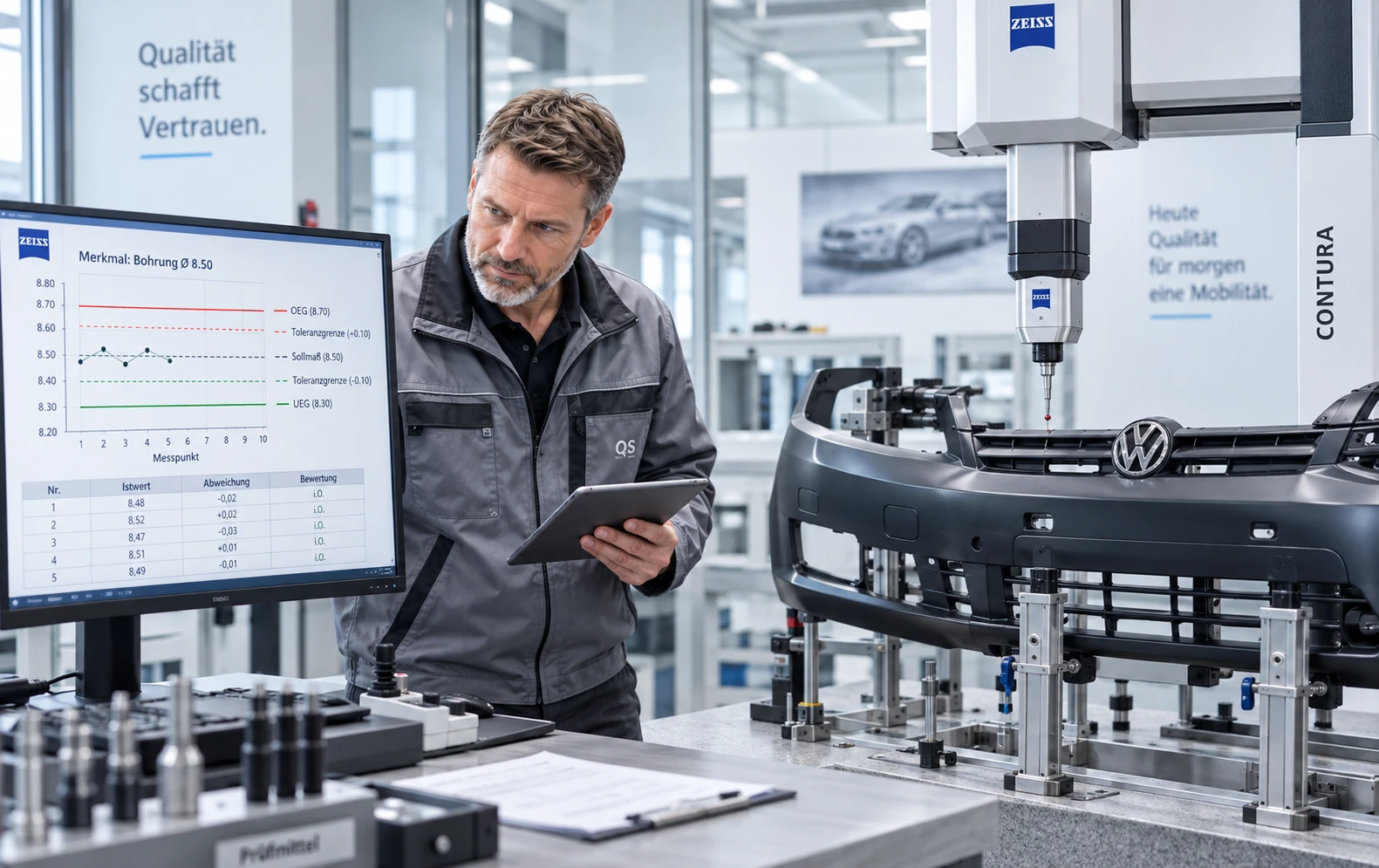 Fachkraft bei der Prozesskontrolle an einer Automotive-Fertigungslinie