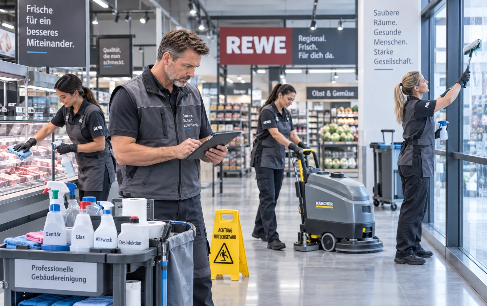 Fachkraft bei der professionellen Bodenreinigung in einem Markt