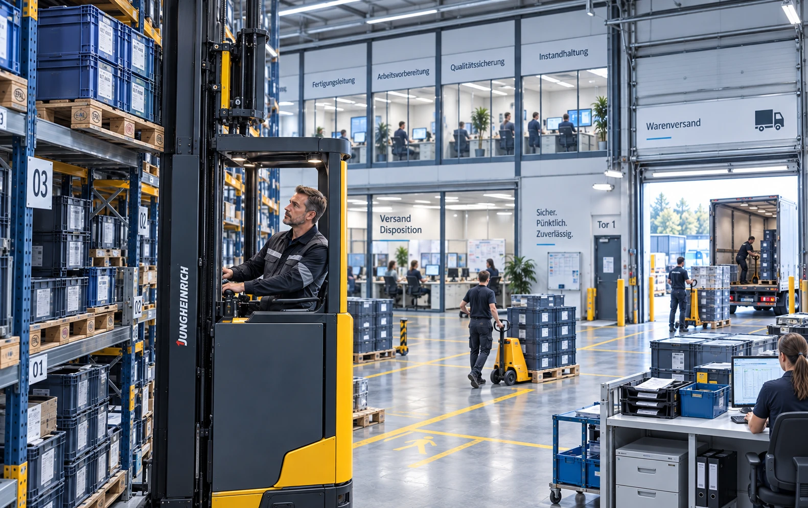Logistikbetrieb mit Flurförderzeugen und geordneten Lagerbereichen