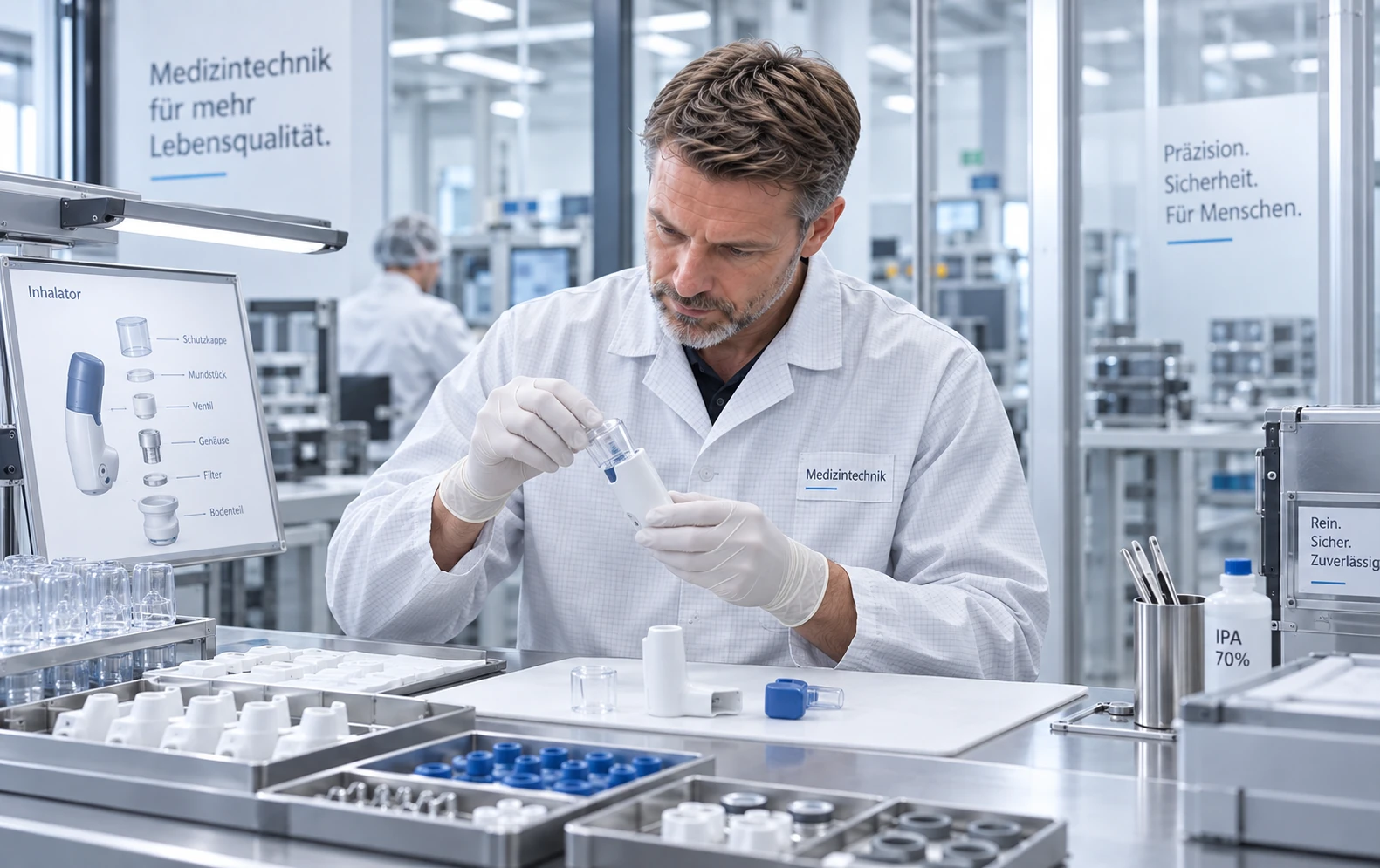 Fachkraft bei der Prüfung medizintechnischer Bauteile