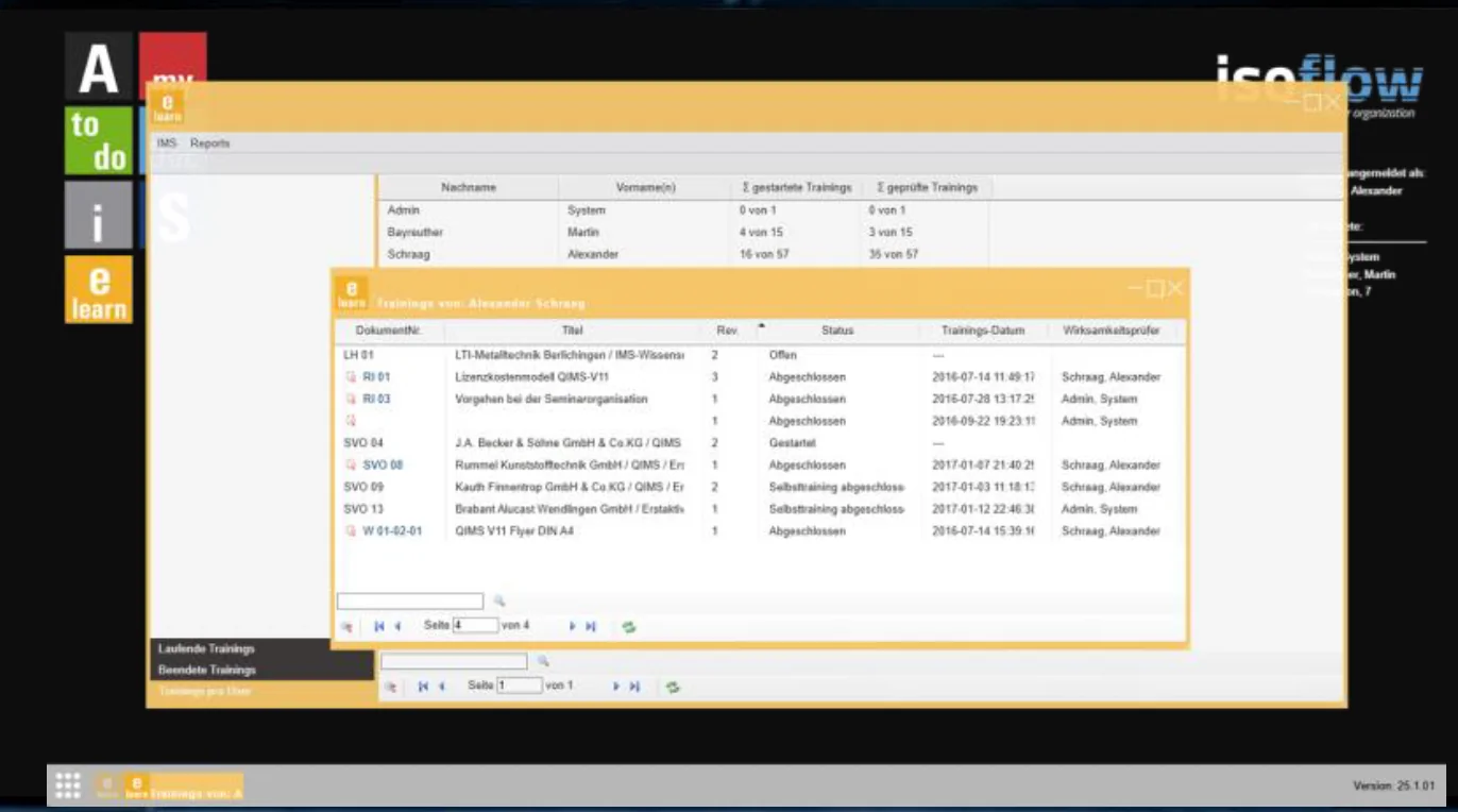 isoflow E-Learning: laufende und beendete Trainings, Trainings pro Benutzer